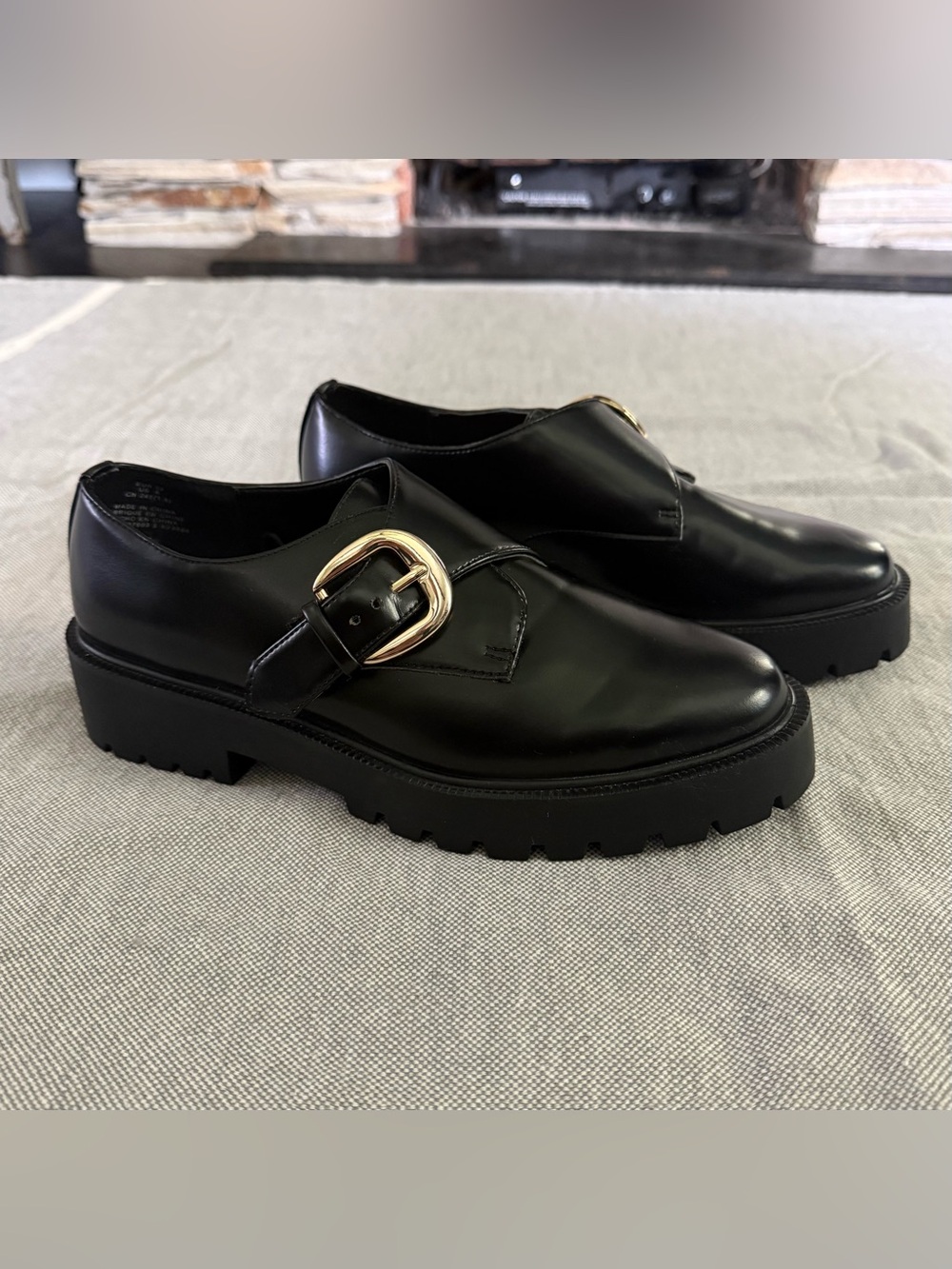 H&M Black Leather Loafers with Gold Buckle